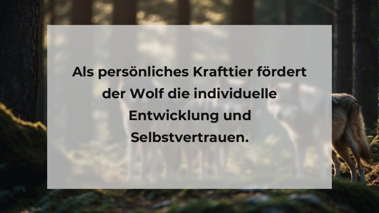 Als persönliches Krafttier fördert der Wolf die individuelle Entwicklung und Selbstvertrauen.