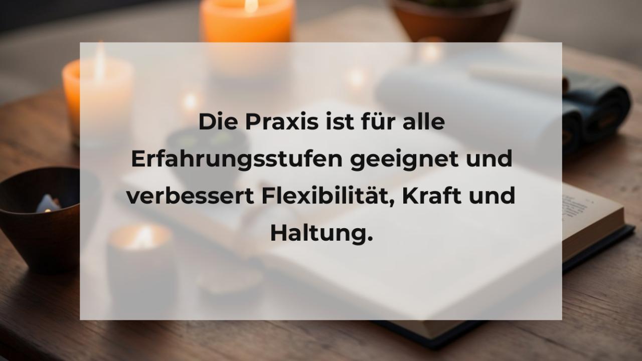 Die Praxis ist für alle Erfahrungsstufen geeignet und verbessert Flexibilität, Kraft und Haltung.